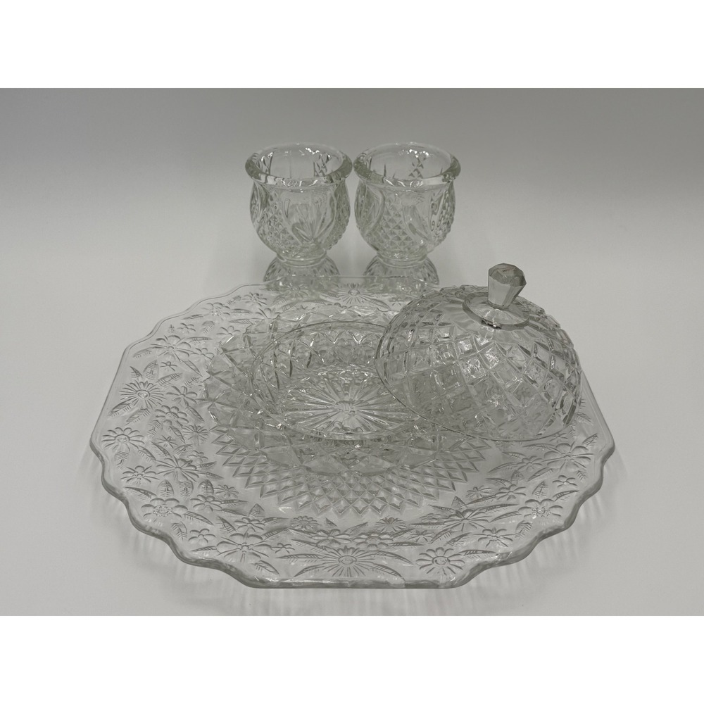 Vintage‎ Clear Pressed Glass Serving Set Platter Domed Butter Dish & 2 Cups 4pc